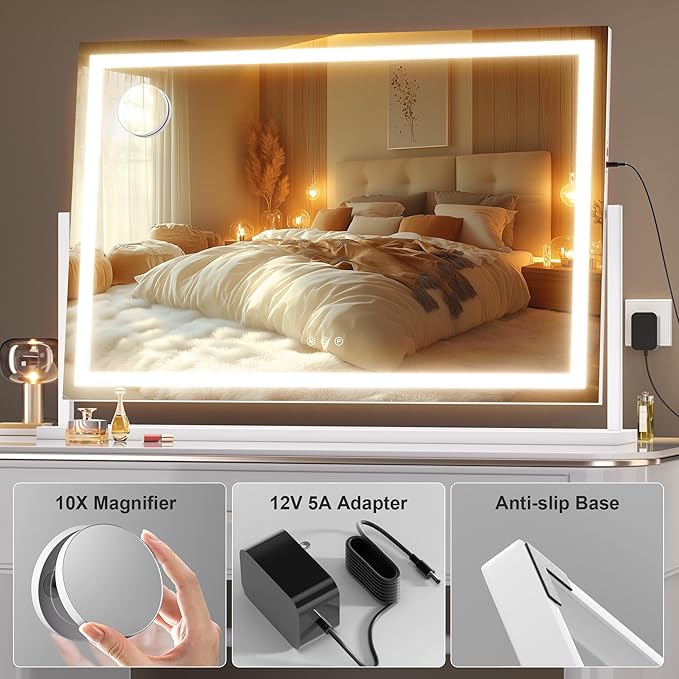 Hasipu Vanity Mirror with Lights, 36" x 24" LED Makeup Mirror, Light up Mirror with 10X Magnification and Phone Holder, USB Charging Port, Smart Touch 3 Colors Dimmable (White)