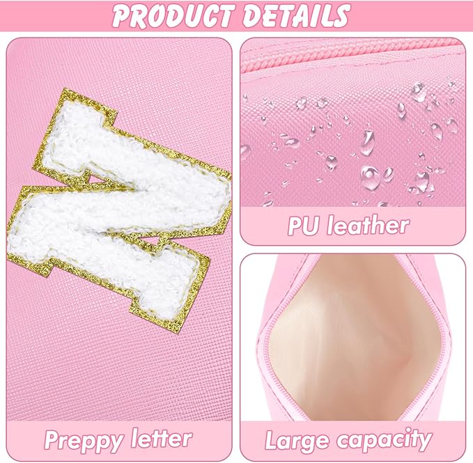 Initial Makeup Bag Personalized Preppy Travel Small Cosmetic Bag Cute PU Pink Chenille Letter Makeup Pouch for Purse Waterproof Zippered Toiletry Organizer for Women Girls Kids Friends (N)