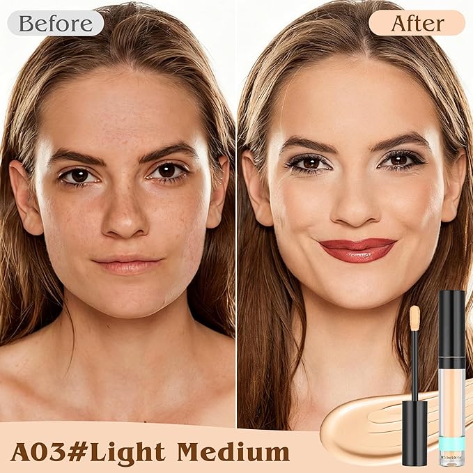 Full Coverage Liquid Concealer, Foundation Makeup for Women, Cover Blemishes & Under-Eye Circles, Spots, Matte Finish, Hydrating Primer for Correct, 0.06 fl oz,Vegan&Cruelty-Free A03#Light Medium