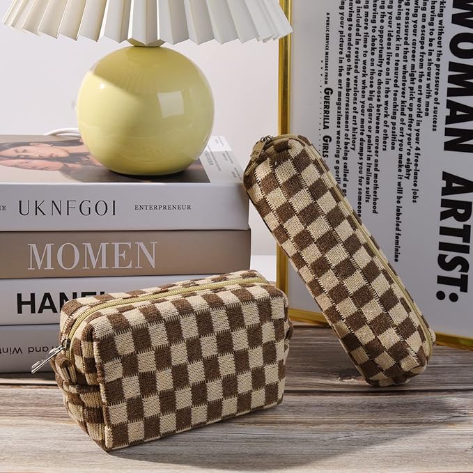 SOIDRAM Large Capacity Makeup Bag and Brush Storage Bag - Checkered Cosmetic Bag and Travel Toiletry Organizer
