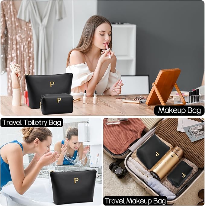 Women Gifts | Initial Makeup Bag Set for Girl Personalized Gifts for Bridesmaid Friend Graduation Teachers PU Leather Cosmetic Travel Toiletry Bag(Black,P)