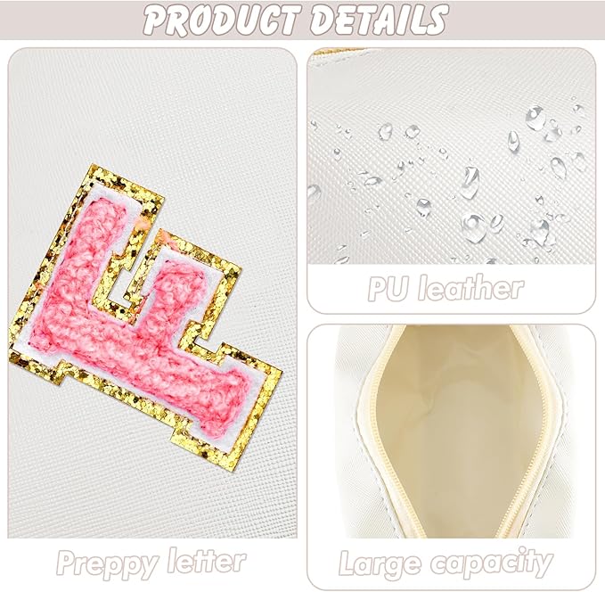Initial Makeup Bag Personalized Preppy Travel Small Cosmetic Bag Cute PU White Chenille Letter Makeup Pouch for Purse Waterproof Zippered Toiletry Organizer for Women Girls Kids Friends (F)