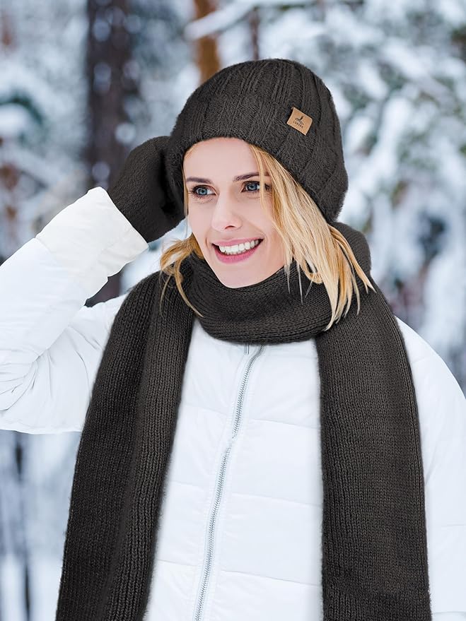 Winter Beanie Hat Scarf Gloves, Warm Fleece Knit Hat Long Scarf Neck Warmer Touch Screen Winter Gloves Set Gifts for Women