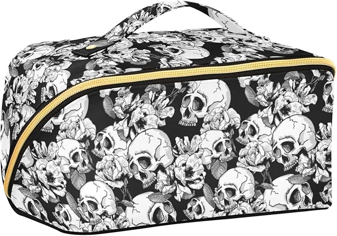 Makeup Organizer Bag, Skull and Flowers Travel Makeup Bags Makeup Vanity Case Large Capacity Rhombus Cosmetic Toiletry Bag for Girl Women Ladies