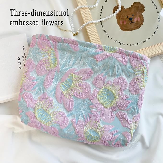 STARDW Aesthetic Floral Makeup Bag Cute Small Cosmetic Bags for Women Girls, Travel Toiletry Bag Large Capacity Zipper Makeup Pouch, Purse Organizer Pouches (Embossed Flower)
