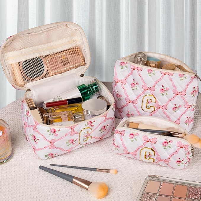 Personalized Initial Makeup Bag Set, Quilted Makeup Bag, Large Floral Cosmetic Bag for Women, Cute Cotton Custom Make up Bags, Flower Travel Toiletry Bag Teen Girl Gift Trendy Stuff Gift C