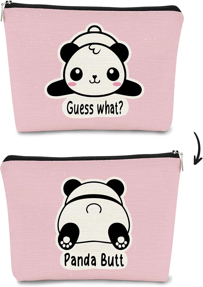 Panda Gifts Pink Makeup Bag,Gifts for Panda Lover Wonmen Girls,Cute Baby Panda Guess What It's Pug Butt Cosmetic Bag,Makeup Case for Teen Girls Daughter, Panda Accessories