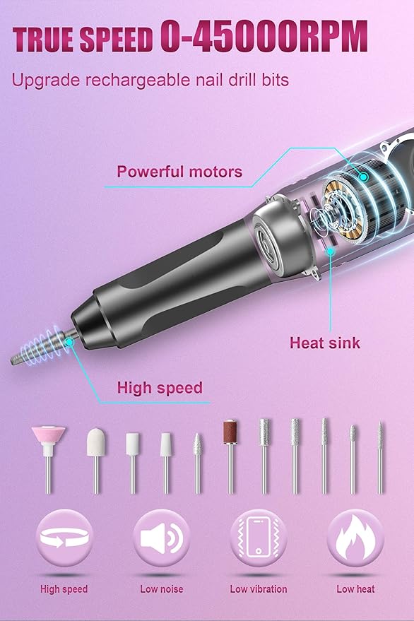 Electric Nail Drill 45000RPM Cordless Portable Rechargeable Nail Drill Kits for Acrylic Gel Nails…