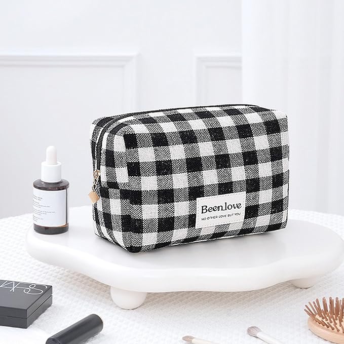 FAELBATY Makeup Bags for Women, 3 PCS Large Travel Makeup Bag Set, Checkered Fabric Cosmetic Bag for Toiletry (Black)
