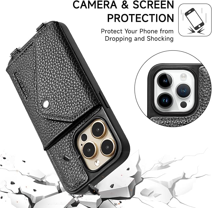 LUCKYCOIN Crossbody Wallet Phone Case for iPhone 14 Pro,100% Genuine Leather Wallet Phone Case with Expandable Flip Card Holder,Phone Purse for Women with Adjustable Removable Strap - Pebble Black