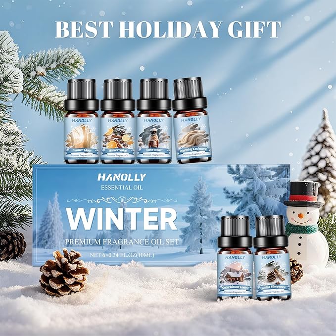 Winter Fragrance Oil Set, 6 Premium Holiday Essential Oils Set for Diffuser, Candle Making - Winter Spice, Winter Glow, Nutcracker, Warming Cashmere, Vanilla Pinecones, Snowkissed Lodge Scented Oil
