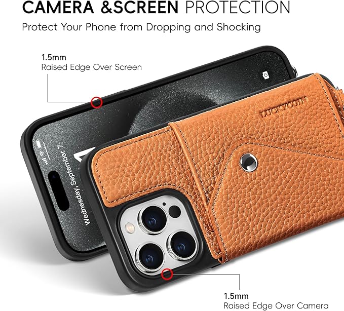 LUCKYCOIN Crossbody Wallet Phone Case for iPhone 15 Pro,100% Genuine Leather Wallet Phone Case with Expandable Flip Card Holder,Phone Purse for Women with Adjustable Removable Strap - Pebble Brown