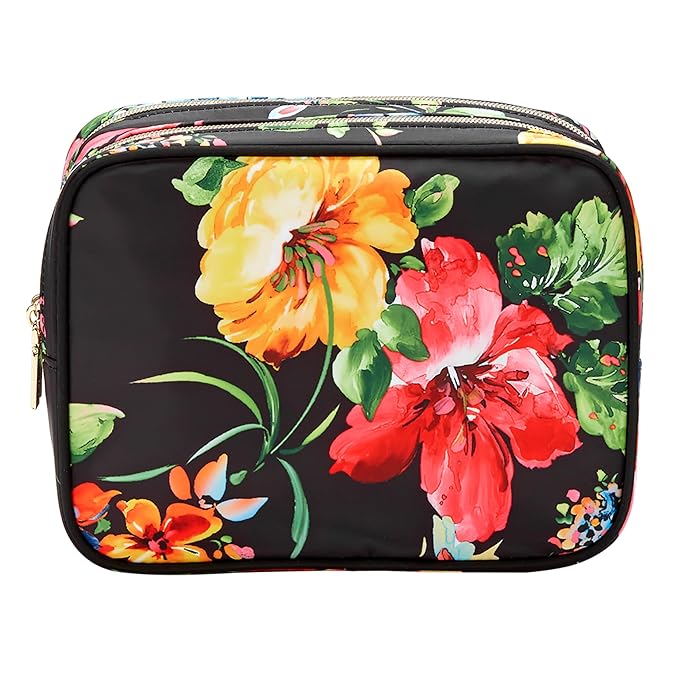 Conair Travel Double Zip Organizer - Toiletry Bag - Makeup Bag - Travel Makeup Bag - Makeup Organizer - Black Floral Print