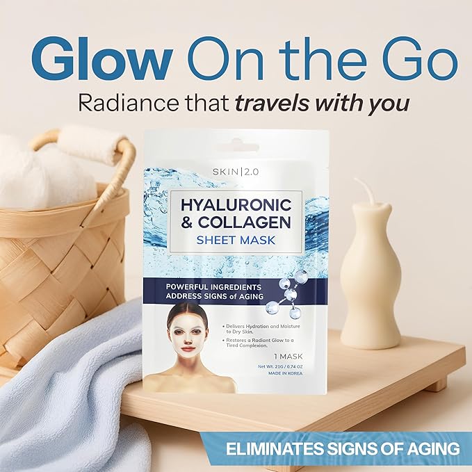 Hyaluronic Acid & Collagen Sheet Mask - Hydrating, Anti-Aging, Firming - Dermatologist Tested Korean Skincare - Clean Beauty, Natural Ingredients, Cruelty-Free, All Skin Types - 5 Masks
