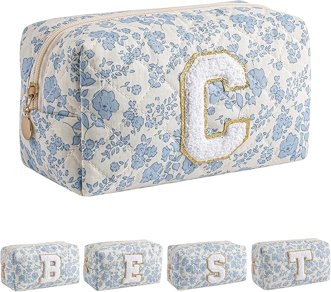 JOVAKIT Alphabet Makeup Bag Cosmetic Bag for Women, Christmas Gifts for Girls Age 6-18, Floral Flowers Coquette Travel Toiletry Zipper Make Up Pouch Organizer Trendy Stuff (Blue Floral C)