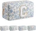 JOVAKIT Alphabet Makeup Bag Cosmetic Bag for Women, Christmas Gifts for Girls Age 6-18, Floral Flowers Coquette Travel Toiletry Zipper Make Up Pouch Organizer Trendy Stuff (Blue Floral C)
