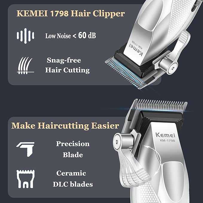 KEMEI 1798 Professional Hair Clippers for Men, 9100 RPM Cordless Barber Clippers with Full Metal Body, 3000 mAh Hair Trimmer with LED Display, Ceramic and DLC Blades