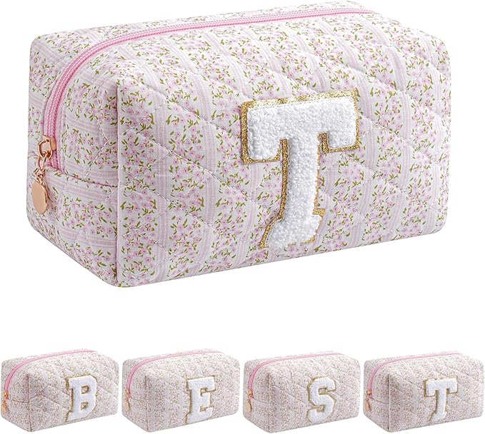 JOVAKIT Makeup Bag Cosmetic Bags for Women, Christmas Gifts for Girls Age 6-18, Alphabet Pink Floral Coquette Zipper Travel Makeup Pouch, Organizer Case Trendy Stuff (Pink Floral T)