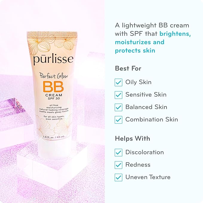 pūrlisse Perfect Glow BB Cream with SPF 30 - Matte Meets Dewy Finish - Enriched with Goji & Hawthorn Berry to Help Improve Skin Texture & Radiance - Tan Deep (1.4 oz)