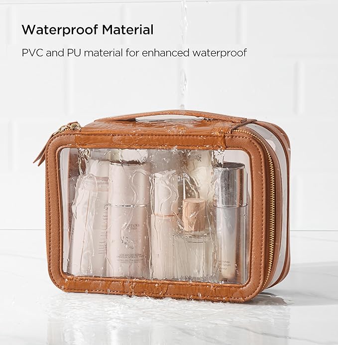 HBlife Clear Makeup Bag Organizer, Portable Travel Toiletry Cosmetic Bag Case for Women, Large Make Up Bag Makeup Train Case Transparent Storage Bag Pouch with Handle(Brown)