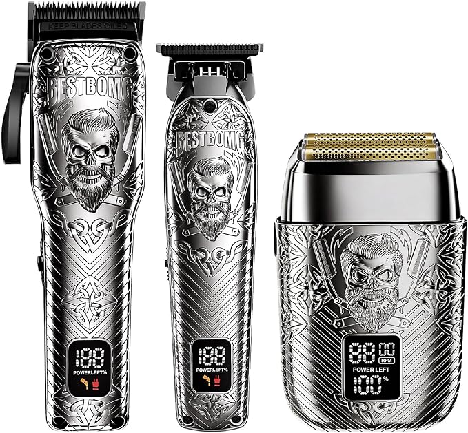 Professional Cordless Mens Hair Clippers & Beard Trimmer and Electric Shavers Kits & Sets,Metal Hair Clippers Cutting Grooming Kit with Long Battery Life for Family Barber Use (Gray)