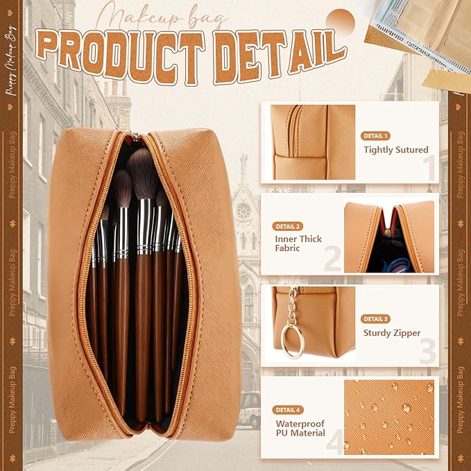 Chunful 24 Pcs Preppy Makeup Bag PU Leather Cosmetic Bag Bulk Makeup Plain Pouch Waterproof Toiletry Purse for Women Traveling Preppy Pencil Case Travel Purse Cosmetic (Brown Series)