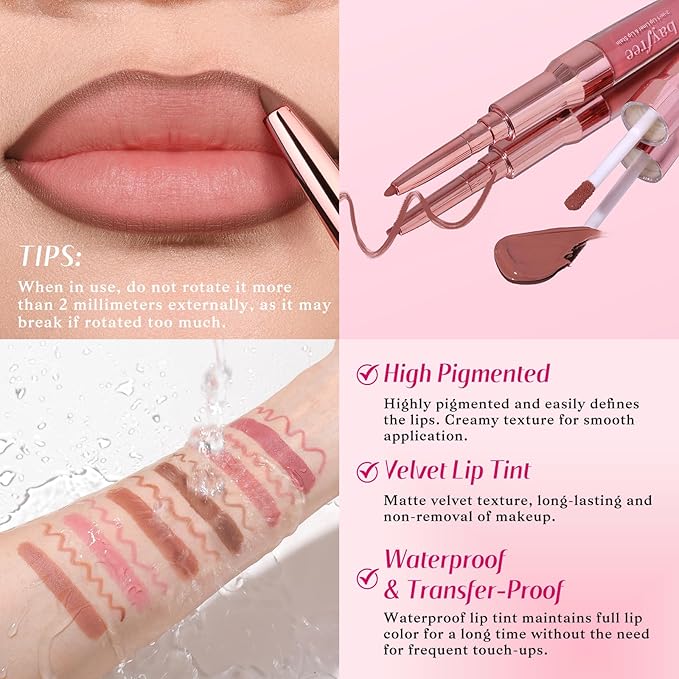 bayfree 2-IN-1 Lip Liner and Lip Stain, High Pigmented Long Lasting Velvet Lip Tint, Well-Defined Lipliner, Weightless Waterproof Not Animal Tested, Matte Finish Makeup