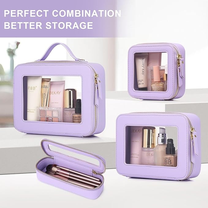 Pinkmik Travel Clear Makeup Bag with Brush Case TSA Approved Toiletry Bag Waterproof Cosmetic Organizer with Zipper Car Essential for Women (X/Purple, M+SLIM)