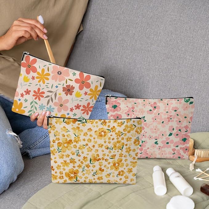 3pcs Colorful Flower Makeup Bag, Retro Botanical Flower Cosmetic Bag, Christmas Wedding Anniversary Birthday Friendship Gifts for Women Girls Best Friends Sister Bestie Grandma Travel Toiletry Bag