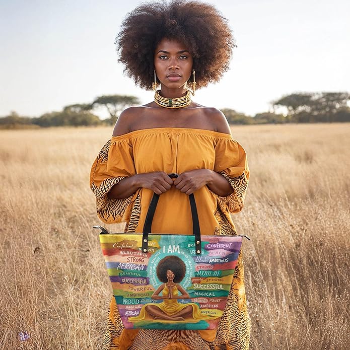 African Black Women's Leather Tote Bag, Large, Premium Vegan Leather, Full Zip, Perfect Christmas Gifts For Women