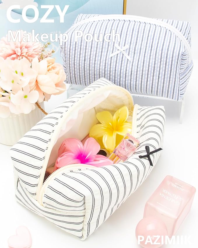 PAZIMIIK Cozy Makeup Bag Small Aesthetic Travel Zipper Cosmetic Pouch for Women Make Up Beauty Accessories Brushes, Stripe Black