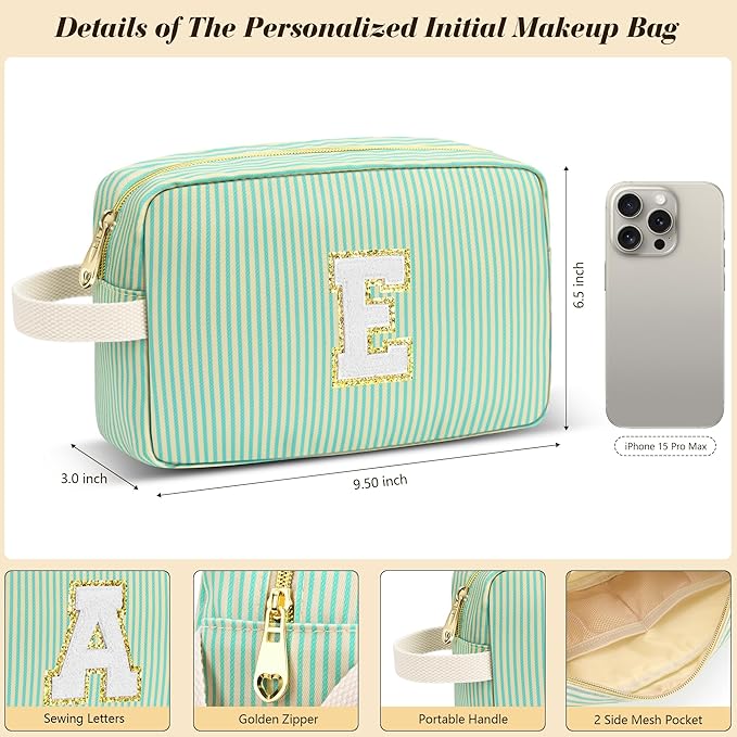 Travel Makeup Bag Christmas Gifts for Women Girl Teens, Personalized Initial Makeup Bag for Cute Teen Girls, Preppy Stuff Toiletry Bag Cosmetic Bag, Teen Girls Gift Trendy Stuff, Letter F