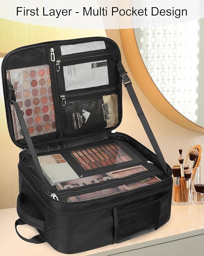 TANTO Makeup Backpack Makeup Artist Bag Professional Extra Large Cosmetic Bag Travel Train Case Storage Organizer Double-Layer Large Capacity Cosmetic Case with 4 Pouch(Black)