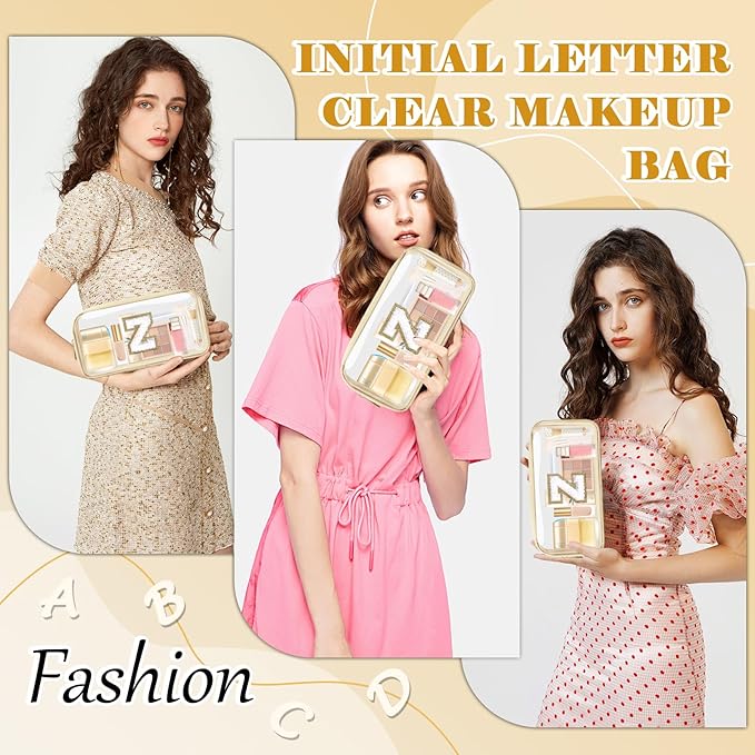 Personalized Initial Letter Clear Makeup Bag,Preppy Small Nylon&PVC Cosmetic Zipper Bag with Chenille Letter,Portable Beach Travel Skincare Toiletry Bag,Trendy Monogram Gift for Teen Girls Women,Z