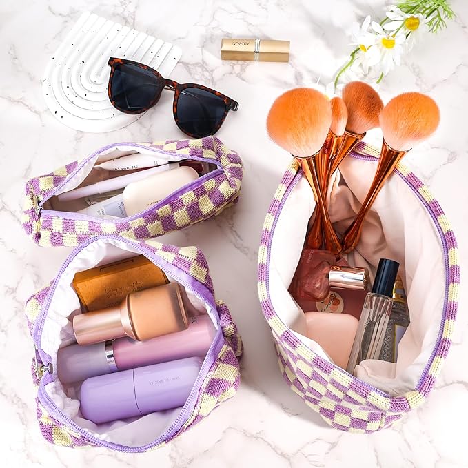 ZLFSRQ 3Pcs Checkered Makeup Bag for Women Large Small Checkered Cosmetic Bag Set Aesthetic Preppy Pencil Case Cute Pencil Pouch Purple Makeup Pouch for Purse Travel Toiletry Bags Zipper Skincare Bags