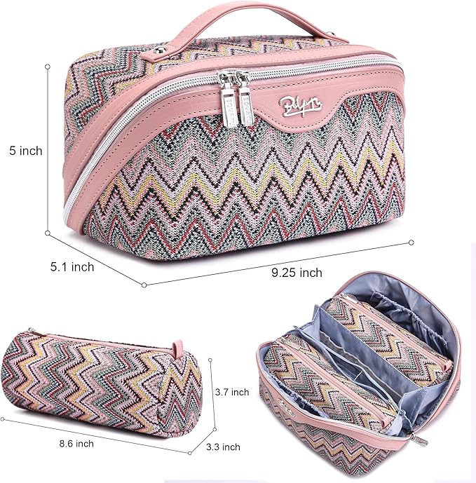 BOYATU Travel Makeup Bag for Women: Western Boho Make up Bag Set of 3 - Large Capacity Vegan Leather Cosmetic Bag - Waterproof Toiletry Bag with Compartments & Handle & Divider(J-1-Pink)