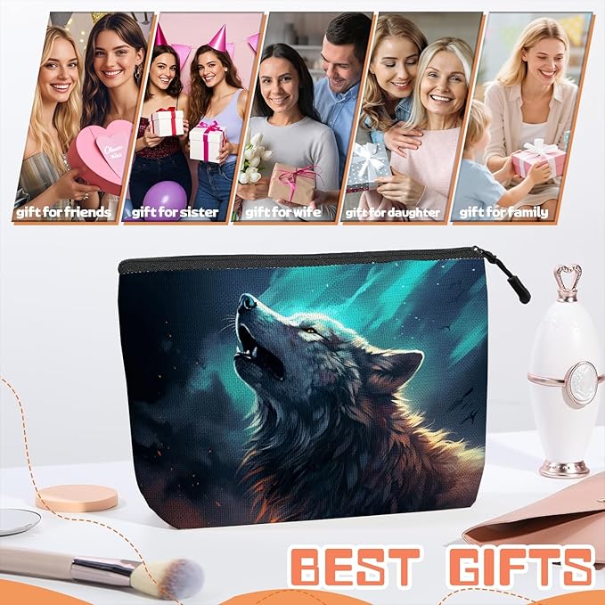 Cosmetic Bags Travel Makeup Toilet Case Waterproof Pouch for Women Girls 6.7X9.45inches - Wolf Howling Against A Mysterious Night Sky