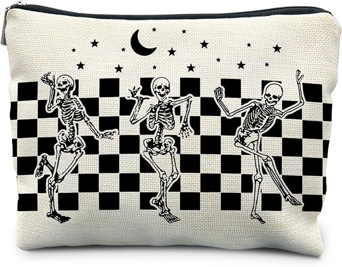 Funny Gothic Skeleton Makeup Bag - Halloween & Witchy Pouch for Women - Dark Academia & Horror Design (White)