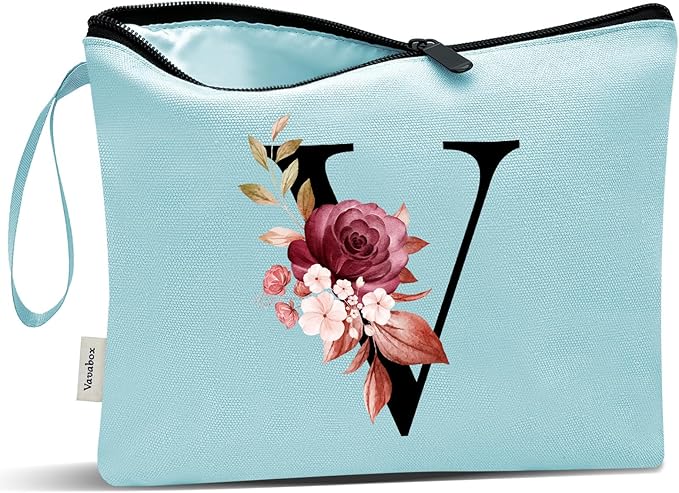 Vavabox A-Z Personalized Makeup Bag, Birthday Gifts for Women Mom, Gifts for Best Friend, Bride Bridesmaid Cosmetic bag (V, Green)