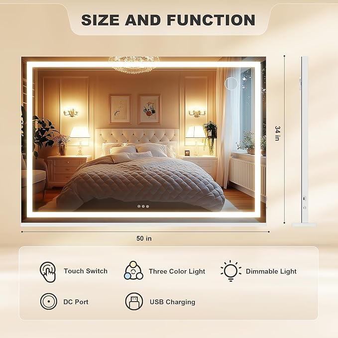 Hasipu Vanity Mirror with Lights, 50" x 34" LED Makeup Mirror, Lighted Makeup Mirror with Dimmable 3 Modes, Touch Screen Control Vanity Mirror Square White