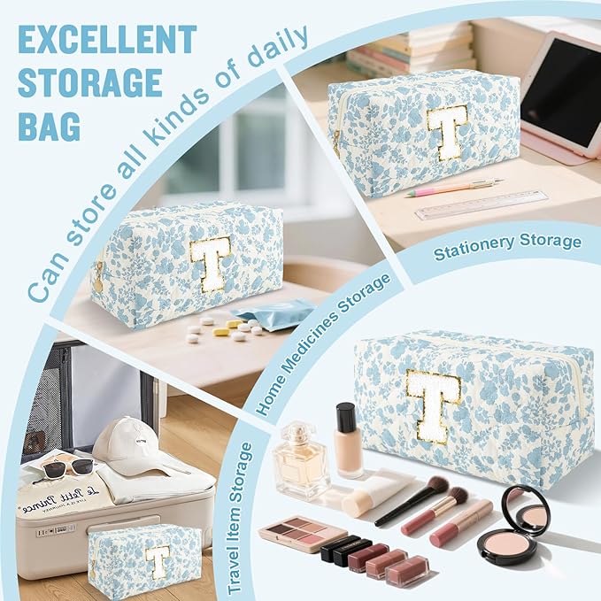 Personalized Quilted Cosmetic Bag, Puffy Monogrammed Christmas Birthday Gifts for Women & Girls, Cute initial Floral Makeup Bag Puffer Coquette Bag, Aesthetic Travel Toiletry Zipper Pouch(Blue,T)