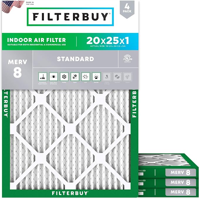 Filterbuy 20x25x1 Air Filter MERV 8 Essential Dust & Allergy Defense, by Filterbuy
