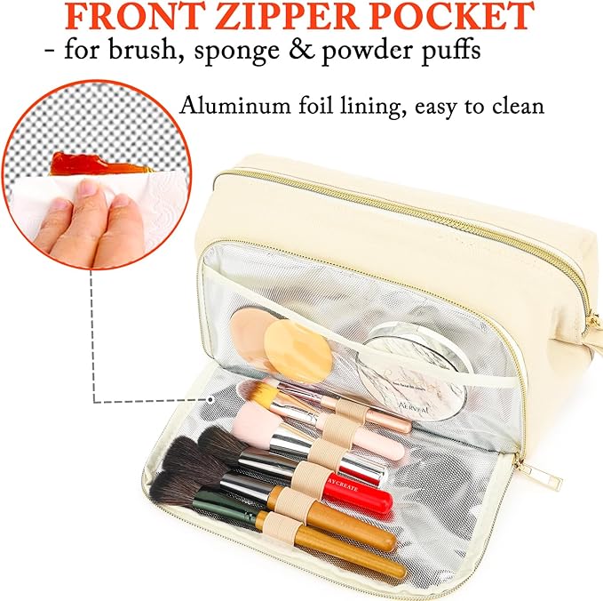 Travel Makeup Bag, Wide-open Cosmetic Bag Make Up Organizer Case with Brushes Pocket for Women, Large Family Toiletry Bag Skincare Pouch for Toiletries Accessories