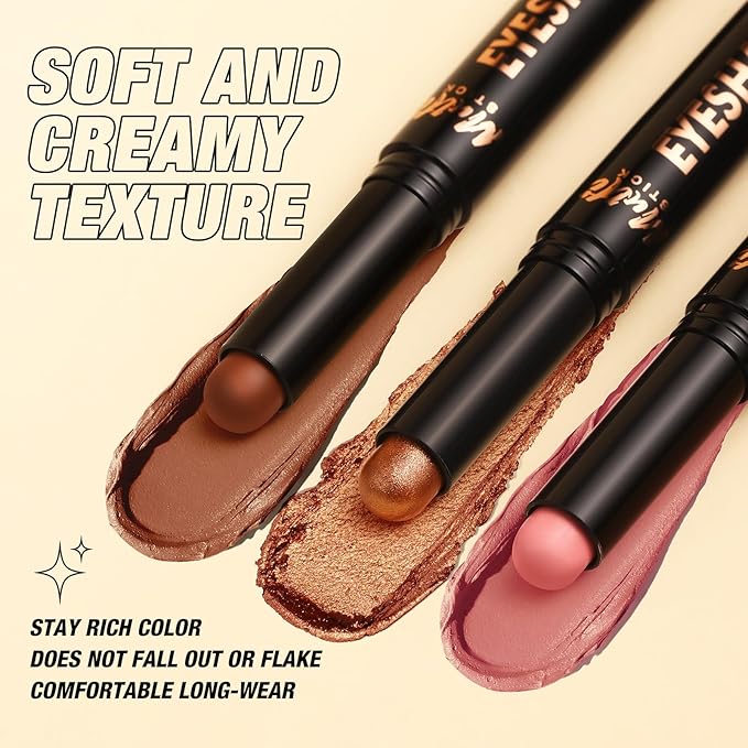 LANGMANNI 8Colors Dual-Ended Cream Eyeshadow Stick Set – Silky Smooth, Waterproof & Transfer-Proof, Built-in Blender Brush, All-Day Matte & Shimmer Wear Eye Makeup(#B)
