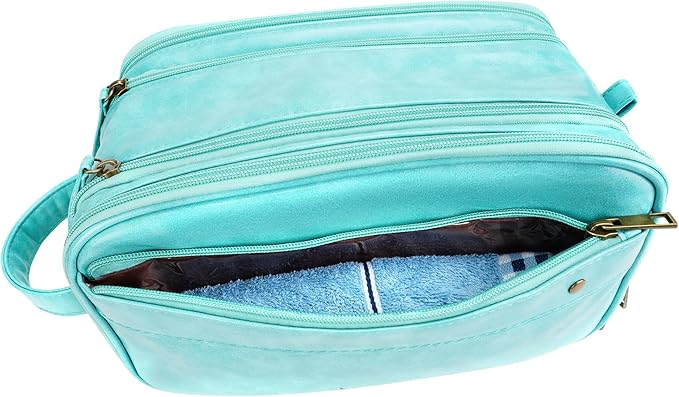 Travel Toiletry Bag for Men, Large Hanging Toiletries Organizer Bags for Women, Cruise Ship Essentials, Water-resistant Shaving Case, PU Leather Makeup Accessories, Cosmetic Dopp Kit, Lake Blue