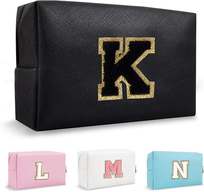 Personalized Small Preppy Makeup Bag, Chenille Letter Black Initial Cosmetic Zipper Pouch Toiletry Organizer, Waterproof PU Leather Make Up Storage Travel Essentials for Female Girl Teacher(Letter K)