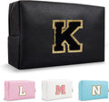 Personalized Small Preppy Makeup Bag, Chenille Letter Black Initial Cosmetic Zipper Pouch Toiletry Organizer, Waterproof PU Leather Make Up Storage Travel Essentials for Female Girl Teacher(Letter K)