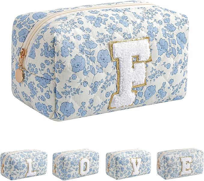 JOVAKIT Alphabet Makeup Bag Cosmetic Bag for Women, Christmas Gifts for Girls Age 6-18, Floral Flowers Coquette Travel Toiletry Zipper Make Up Pouch Organizer Trendy Stuff (Blue Floral F)