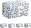 JOVAKIT Alphabet Makeup Bag Cosmetic Bag for Women, Christmas Gifts for Girls Age 6-18, Floral Flowers Coquette Travel Toiletry Zipper Make Up Pouch Organizer Trendy Stuff (Blue Floral F)