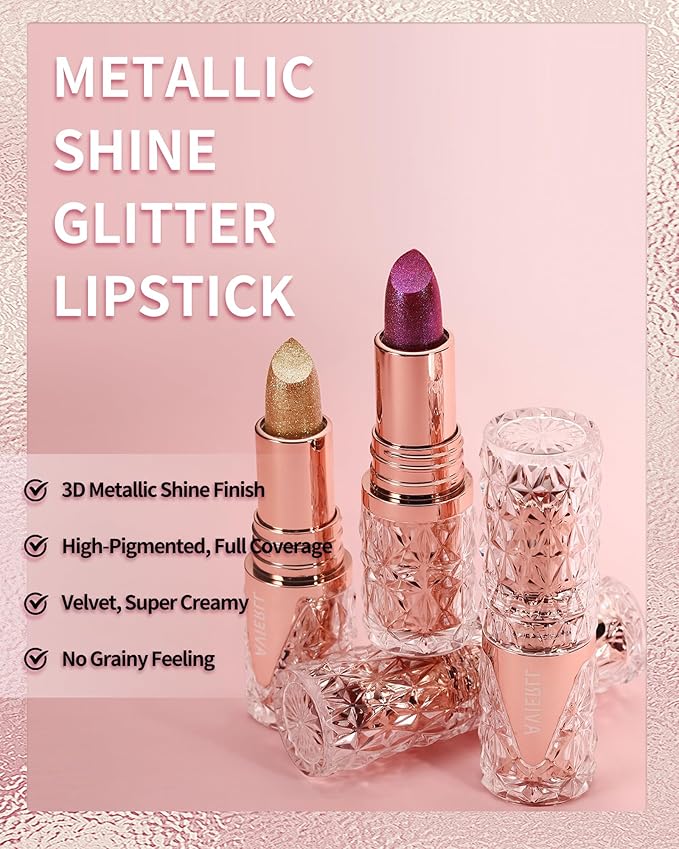 Gold Glitter Metallic Shimmer Lipstick Long Lasting, Diamond High Pigmented Metallic Matte Gold Lipstick, Non-Stick Lip Gloss, Transferproof Lip Color Lip Stick Makeup for Women-08